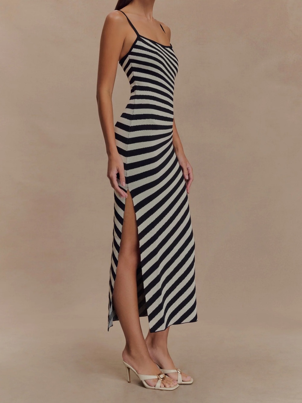 Meshki Black and Cream Striped Midi Dress with Slim Straps - Picture 2 of 6